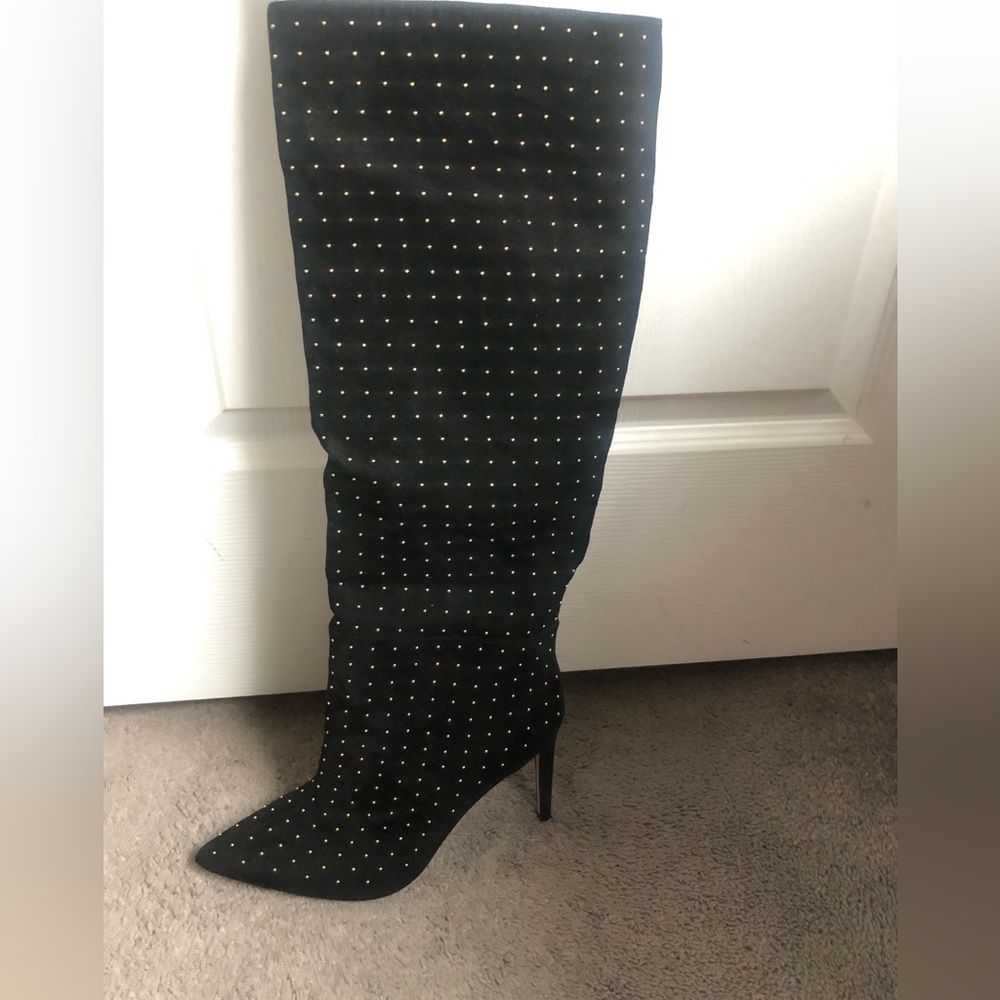Black suede boots with gold studs